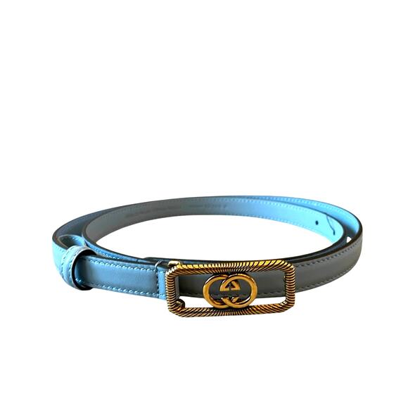 GUCCI Women\'s Thin Belt w/ Interlocking G Buckle Light Blue Leather SZ 90cm NEW main image 7